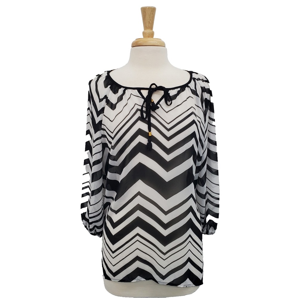 Zac & Rachel Womens‎ 3/4 Sleeve Black White Sheer Chevron Print Blouse Size XL